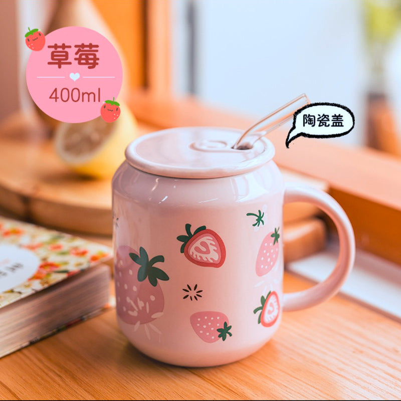 Glass Straw Mug Cute Girl Student Fruit Cup Adult Household Ceramic Beer Cup With Lid