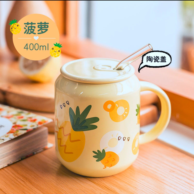 Glass Straw Mug Cute Girl Student Fruit Cup Adult Household Ceramic Beer Cup With Lid